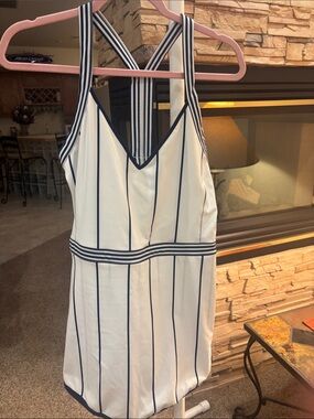 NEW Free People Women's Striped V-Neck White Dress/shorts with Navy Trim